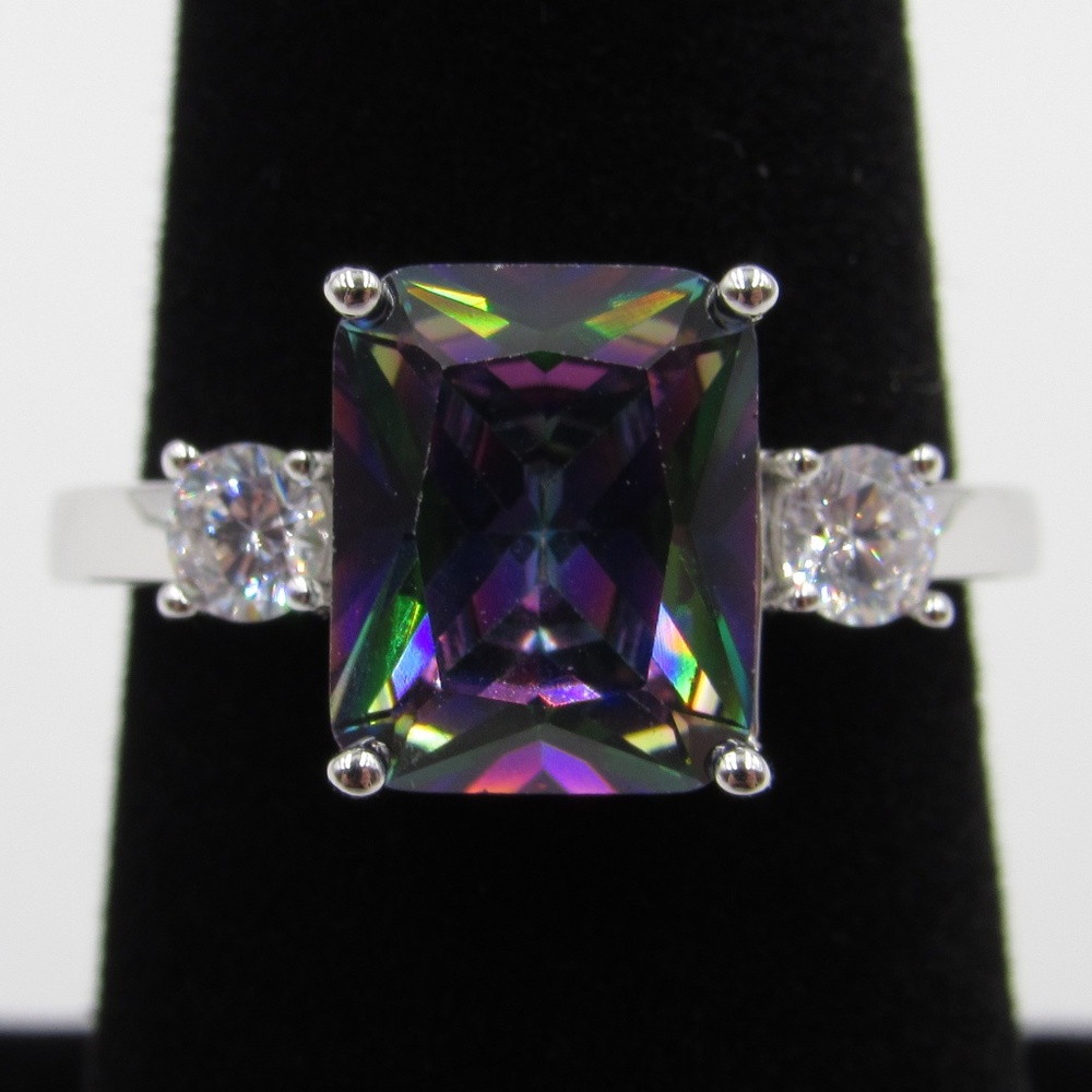 Sterling Silver Rectangle Rainbow Cz Diamond Ring - image 1